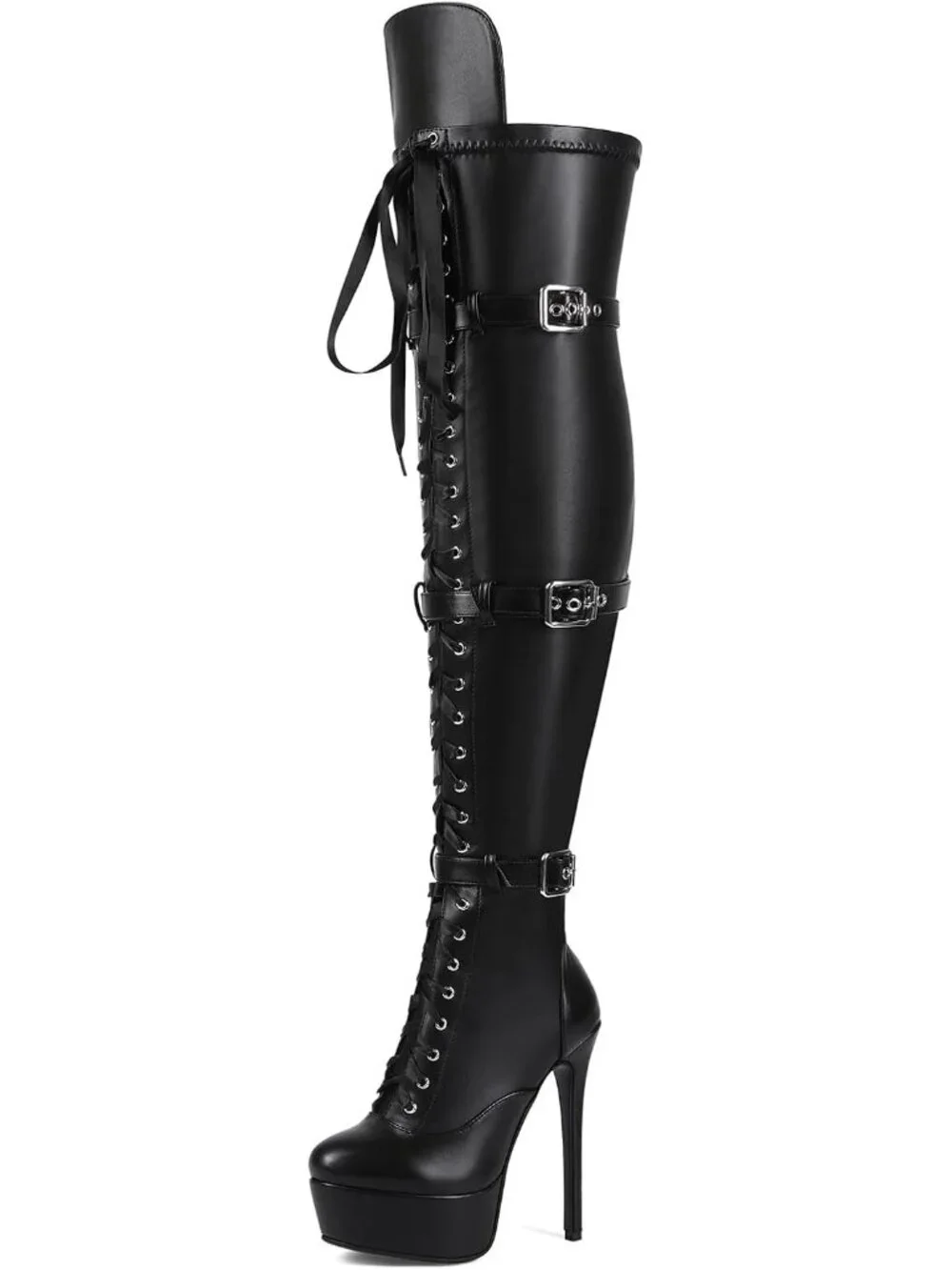 🆕Womens Black Faux Leather Platform Stiletto Adjustable Calf Over The Knee Boot